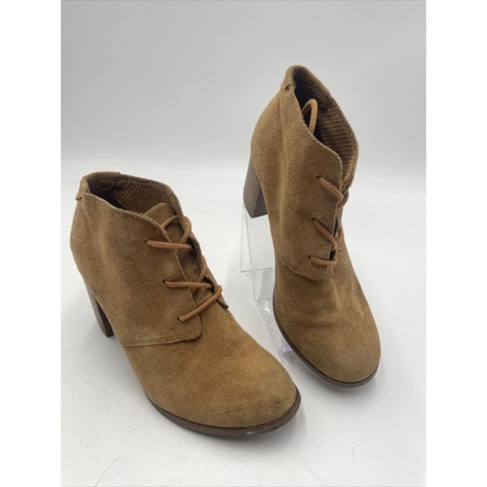 TOMS Ankle Booties Lace Up 3" Block Heel Camel Vegan Suede Womens‎ Size 6.5